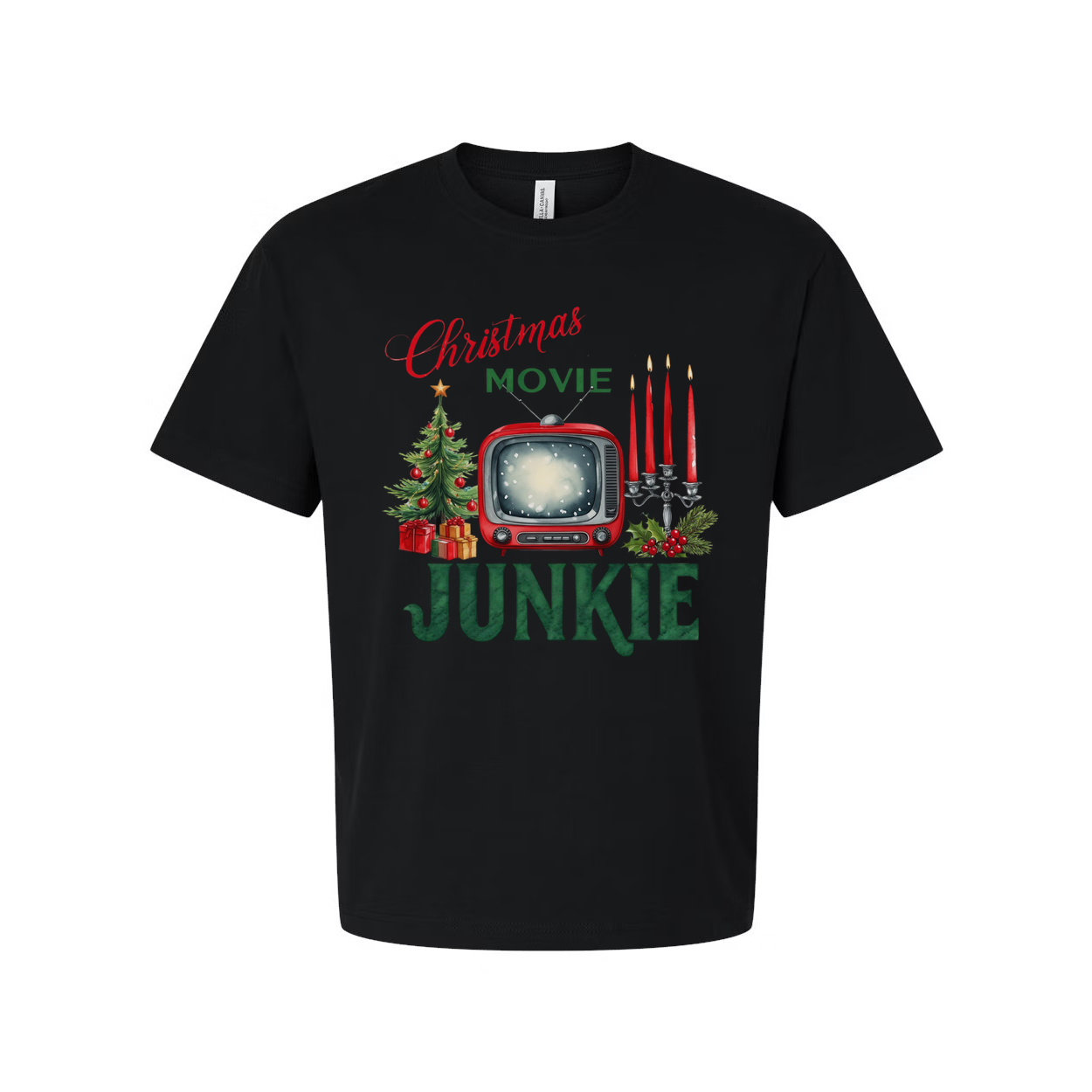 Christmas Movie Junkie Unisex T Shirt With Retro TV Candles And Christmas Tree Print