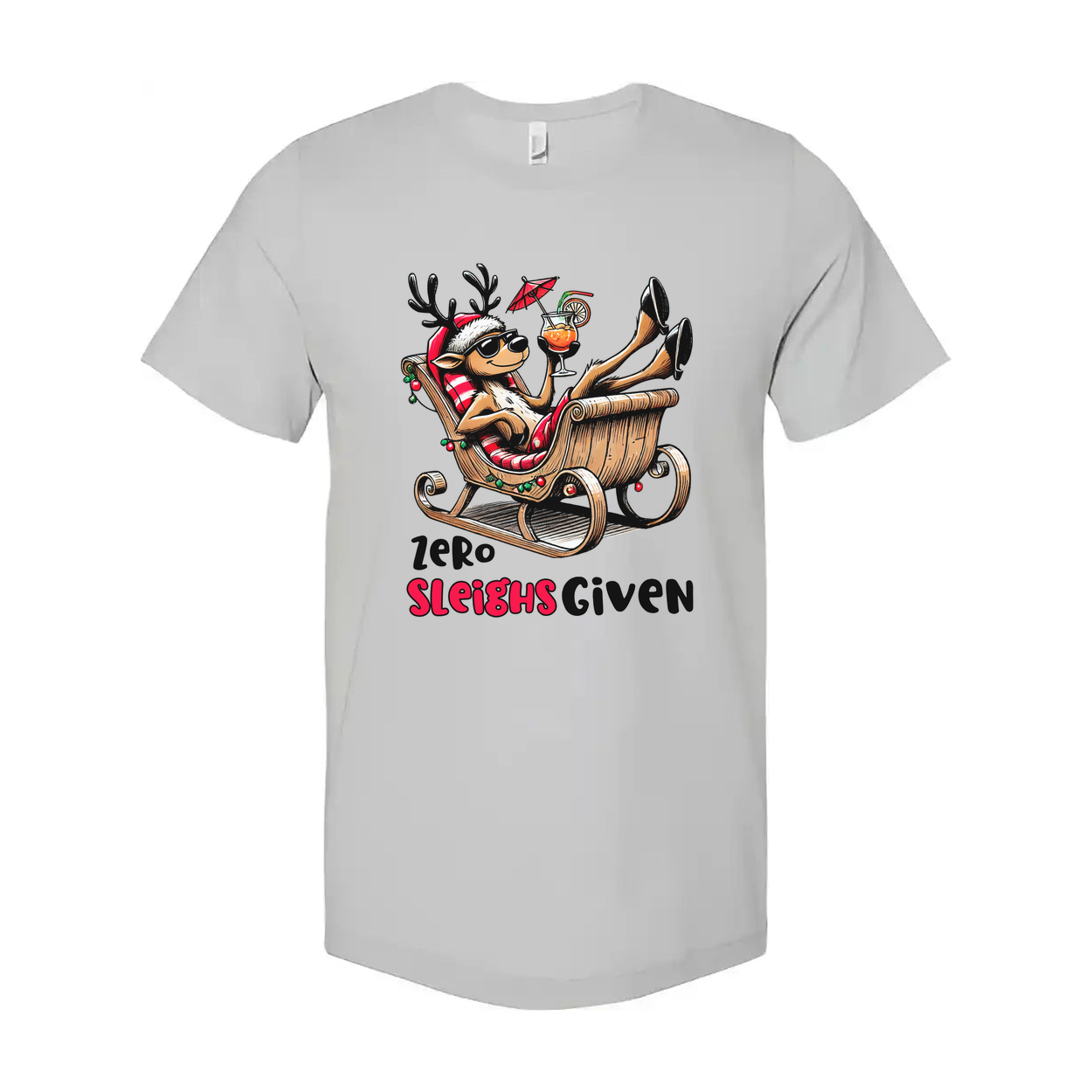 Unisex Christmas T Shirt Featuring Zero Sleighs Given Cartoon Reindeer Relaxing in a Sleigh