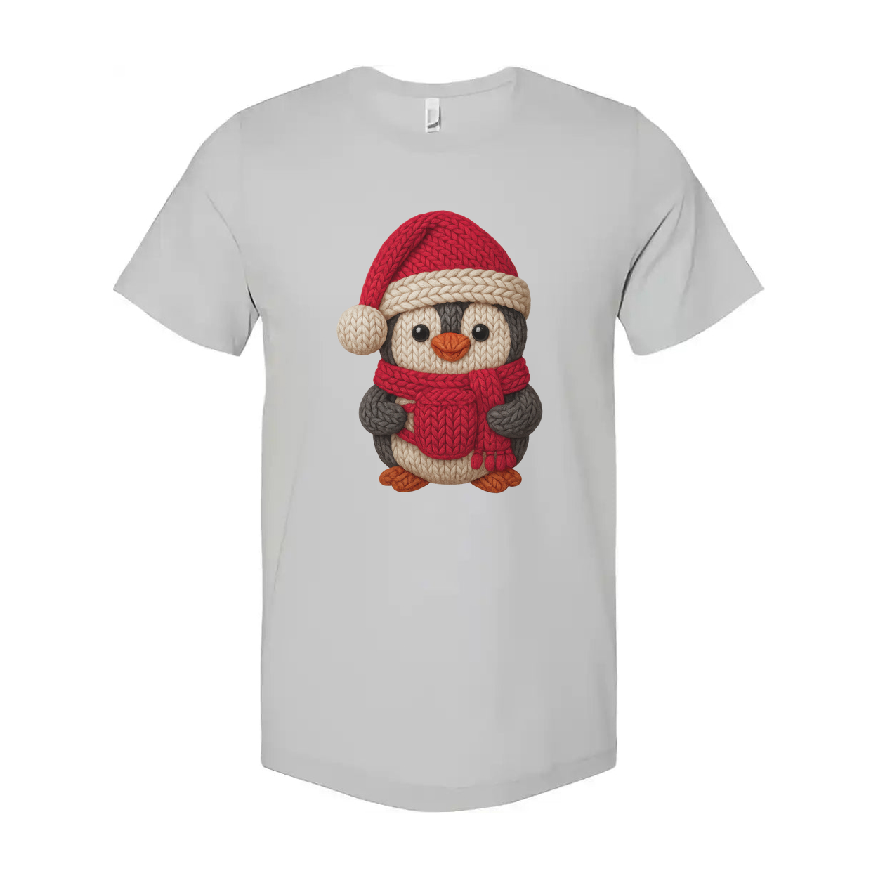 Unisex Christmas Penguin Knit Design T Shirt With Santa Hat And Red Cozy Scarf Print