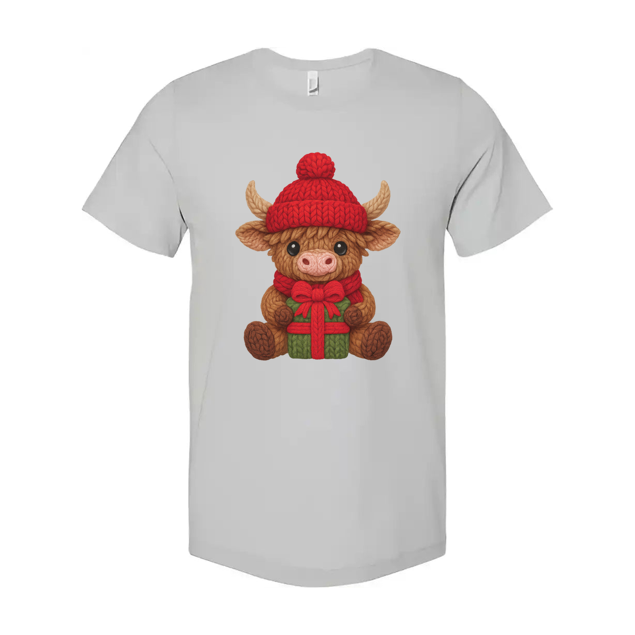 Christmas Knit Cow Calf With Red Hat And Gift Graphic T Shirt For Men And Women Unisex Cotton Tee