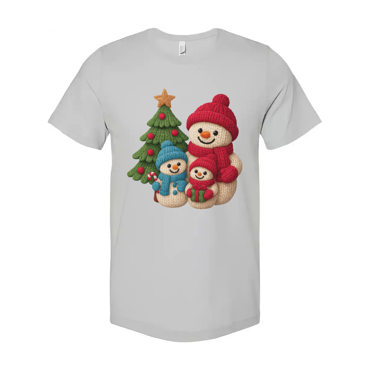 Christmas Snowmen Family Knit Style Graphic T Shirt With Tree And Gift Design For Adults And Kids
