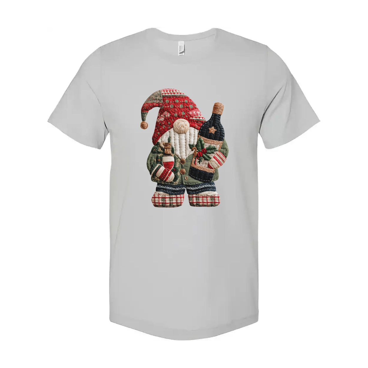 Christmas Santa Claus Knitted Patch T Shirt Featuring Bottle Wrapped Gifts And Festive Details