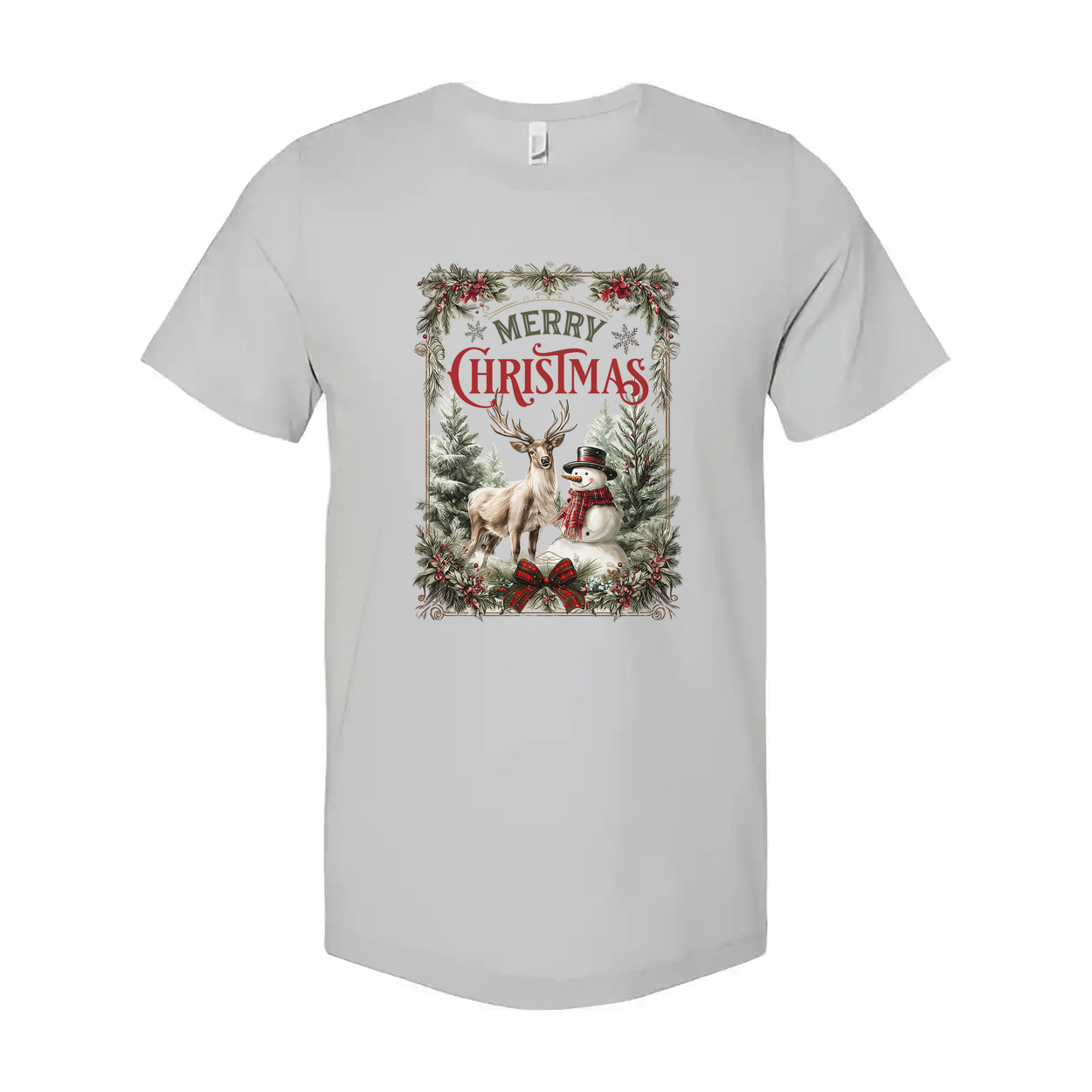 Merry Christmas Graphic Unisex T Shirt With Deer Snowman In Winter Forest Scene Artwork