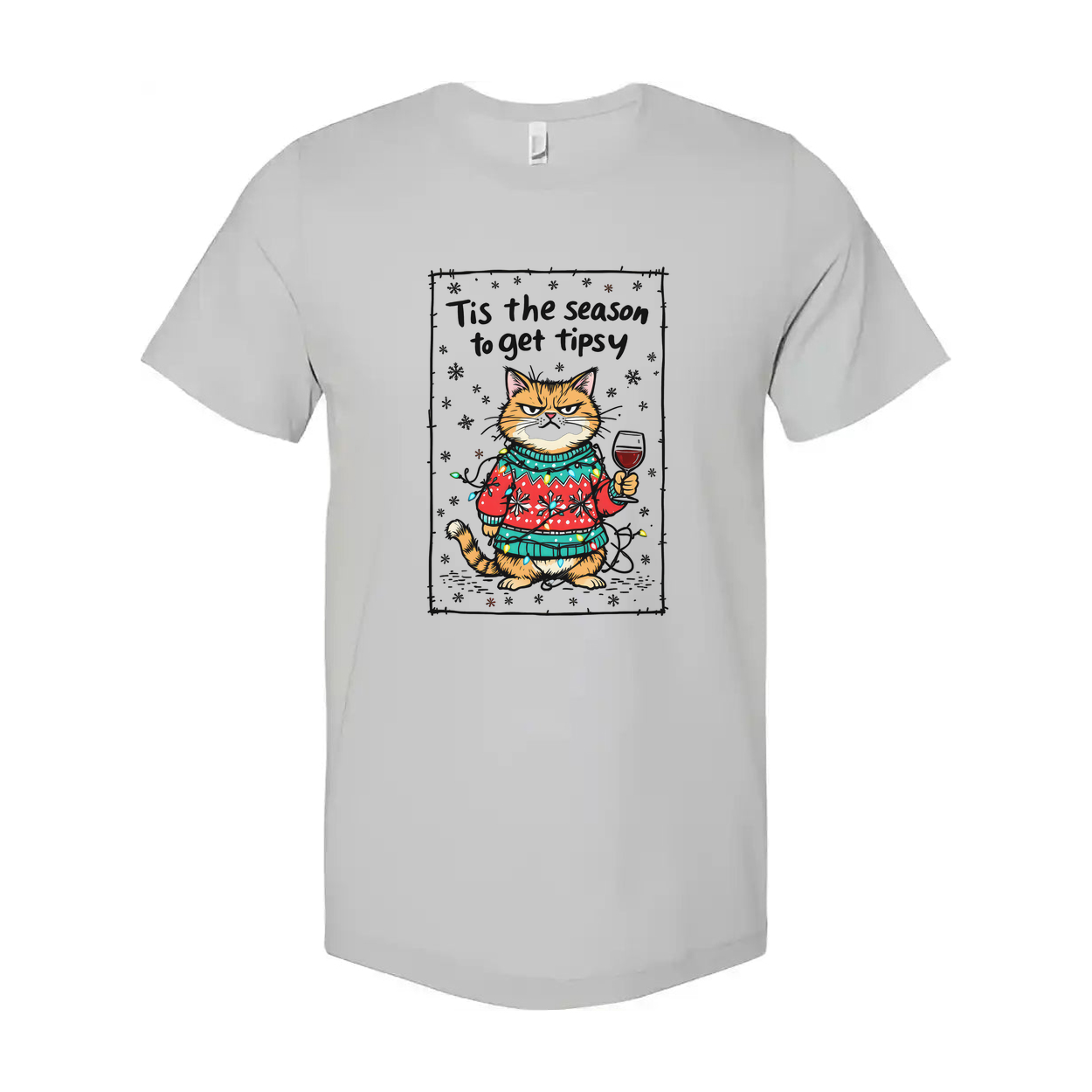 Unisex Christmas Cat Graphic Tee With Cozy Sweater And Wine Glass Tis The Season