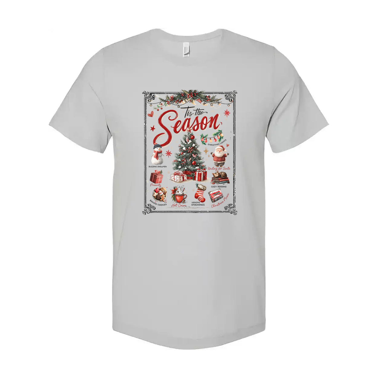 Christmas Themed Unisex T Shirt With Tis The Season Graphic Featuring Christmas Tree Santa And Gifts