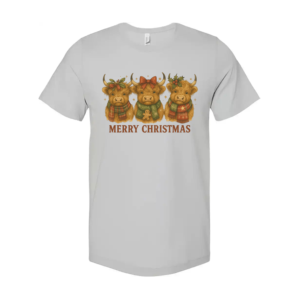 Unisex Christmas T Shirt With Three Highland Cows In Holiday Scarves And Merry Christmas Message