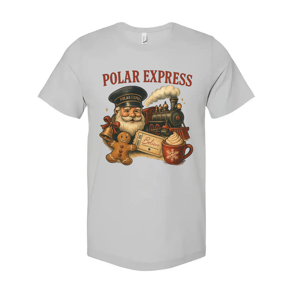 Polar Express Christmas Unisex T Shirt With Steam Train Santa Gingerbread And Coffee Mug Illustration