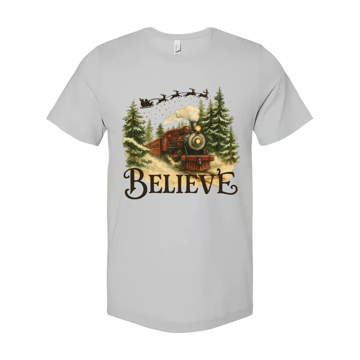 Believe Christmas Train Graphic T Shirt With Vintage Steam Engine In Forest Scene