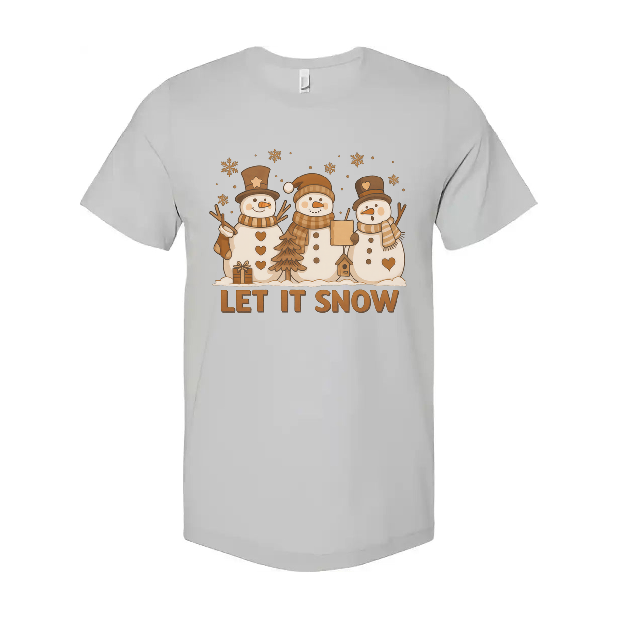 Let It Snow Christmas Graphic Tee Unisex Short Sleeve Snowman Trio Design For Holiday Season