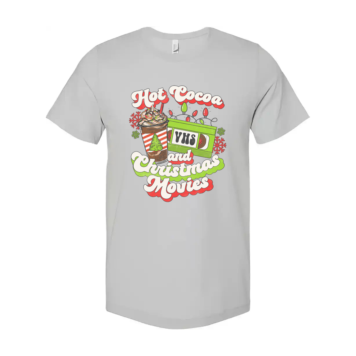 Unisex Christmas T Shirt Featuring Hot Cocoa And Christmas Movies VHS Design Graphic