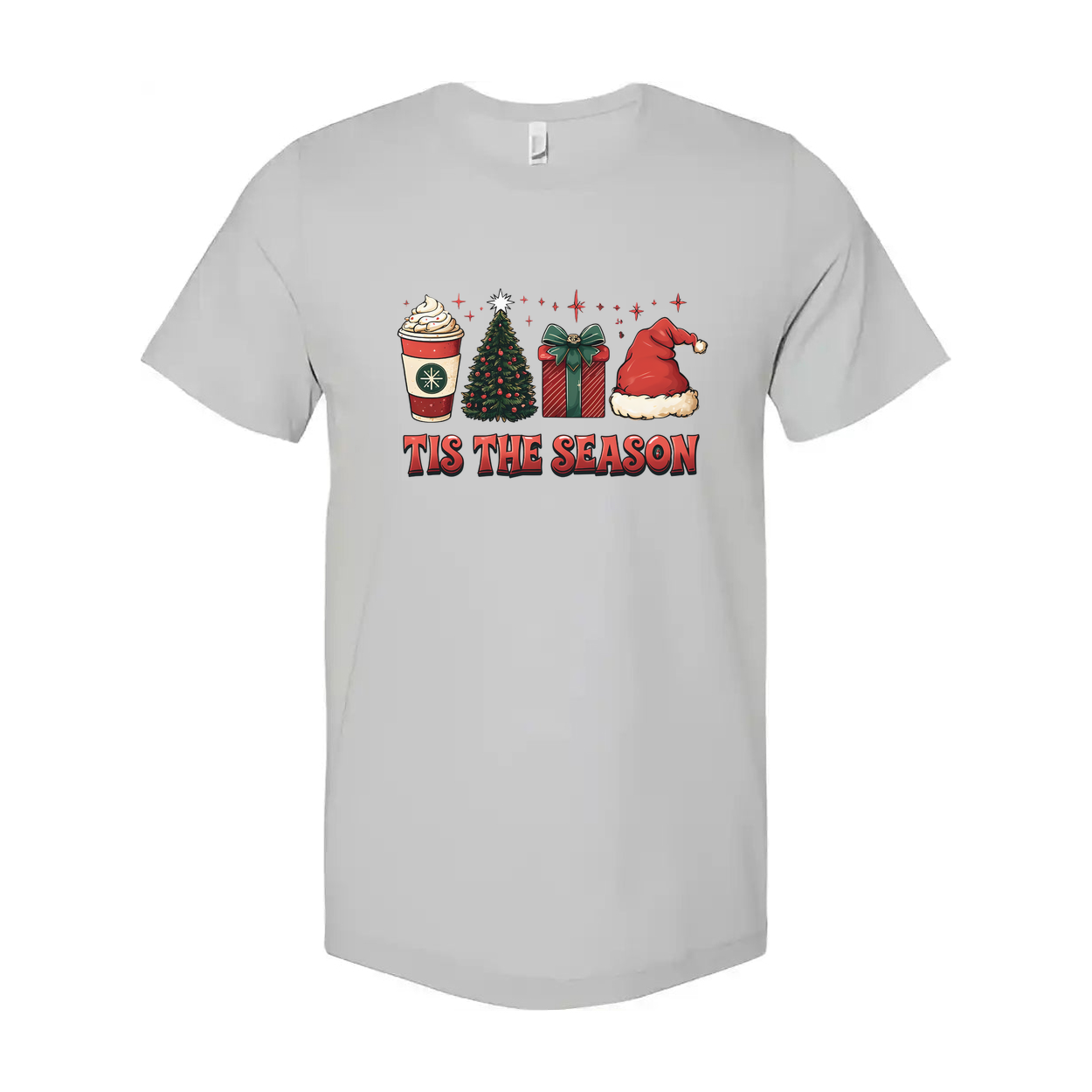 Unisex Christmas T Shirt With Festive Graphics Tis The Season Santa Hat Gift Box Coffee Cup Christmas Tree