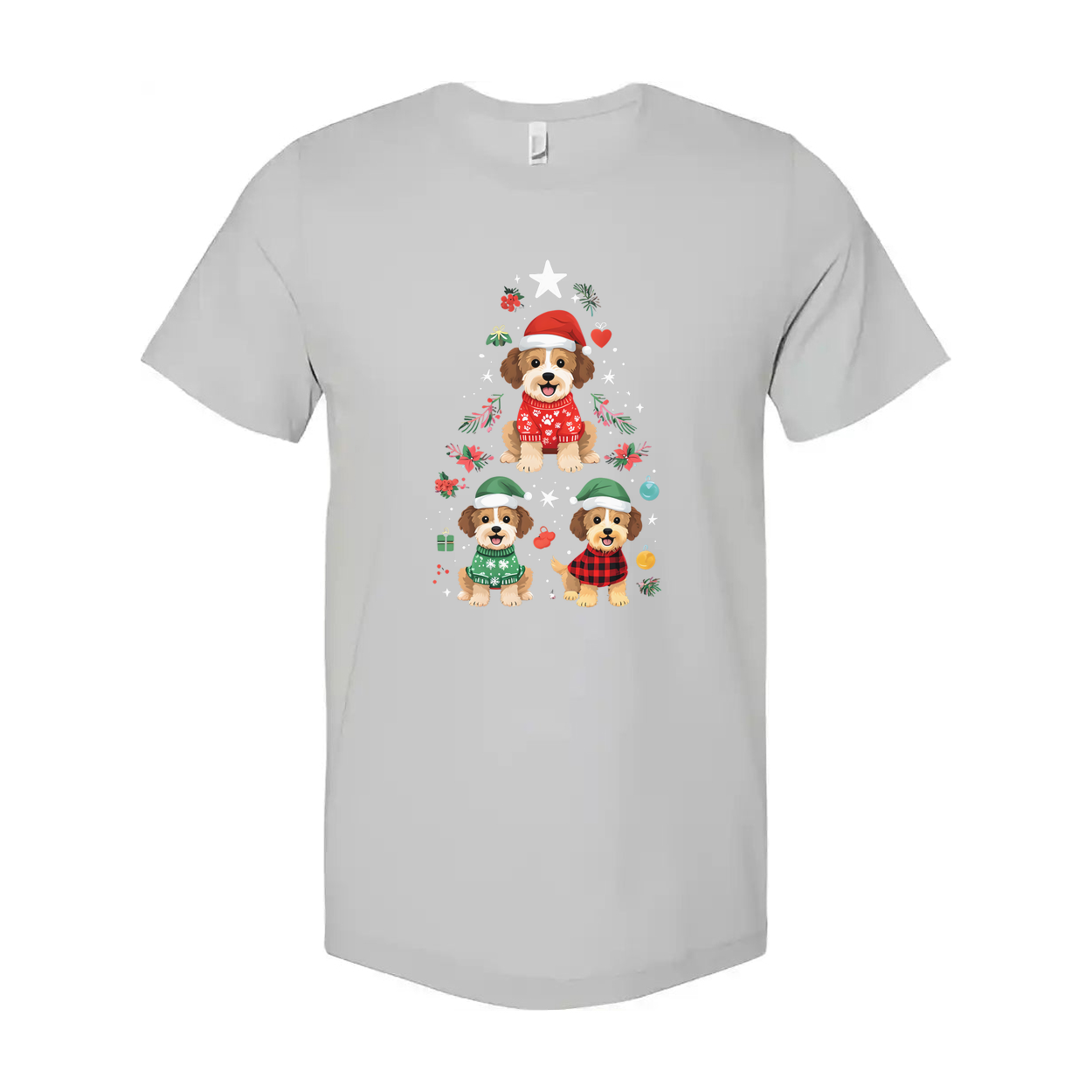 Unisex Christmas T Shirt With Three Cute Dogs In Festive Winter Outfits Surrounded By Holiday Ornaments