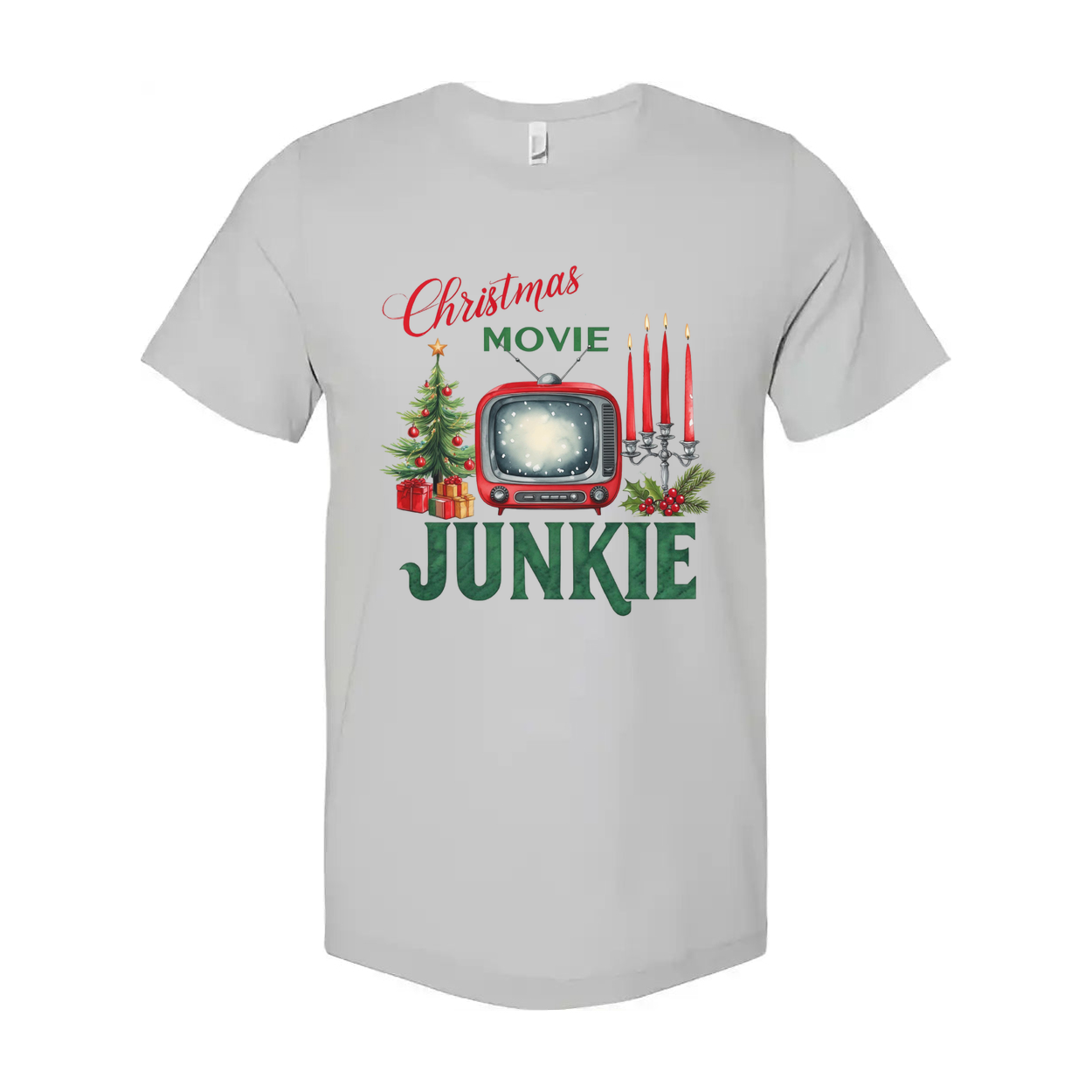 Christmas Movie Junkie Unisex T Shirt With Retro TV Candles And Christmas Tree Print