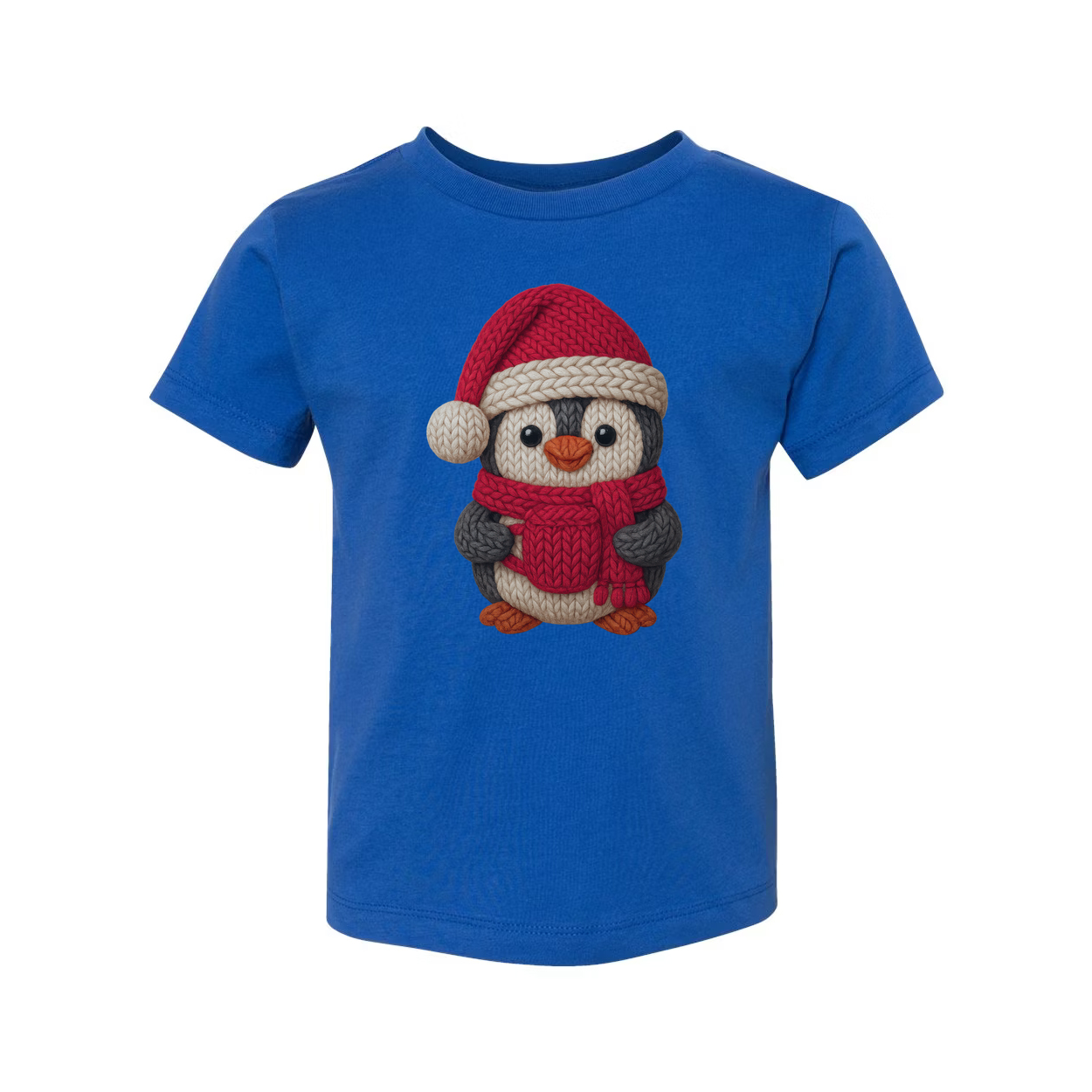 Unisex Christmas Penguin Knit Design T Shirt With Santa Hat And Red Cozy Scarf Print