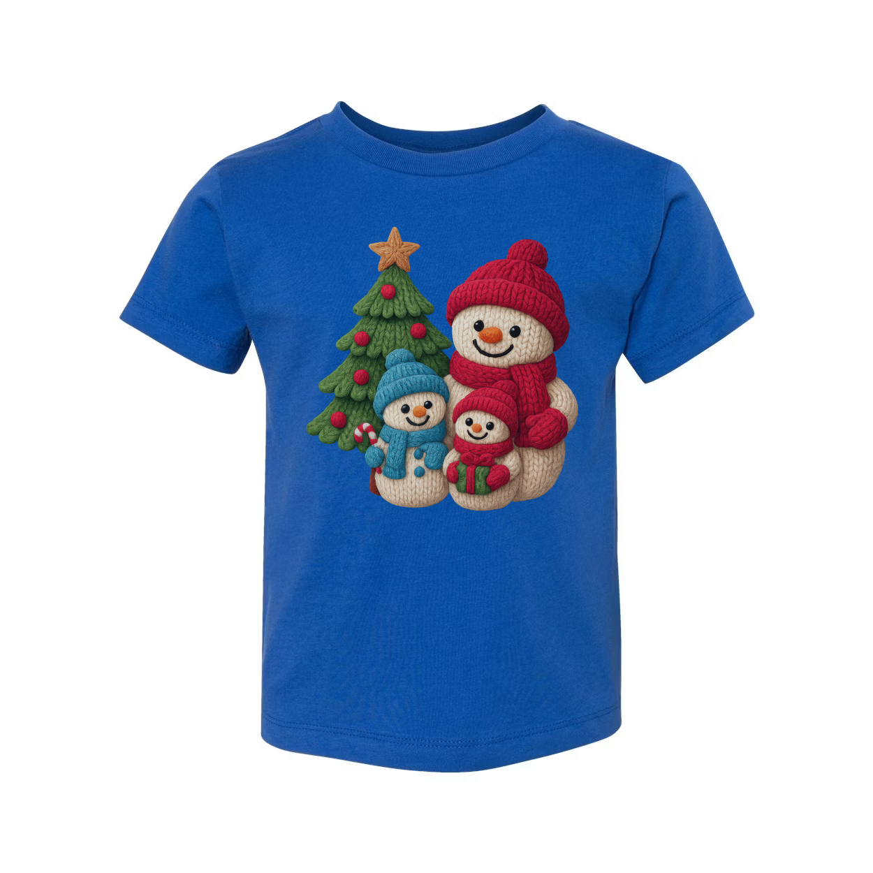 Christmas Snowmen Family Knit Style Graphic T Shirt With Tree And Gift Design For Adults And Kids