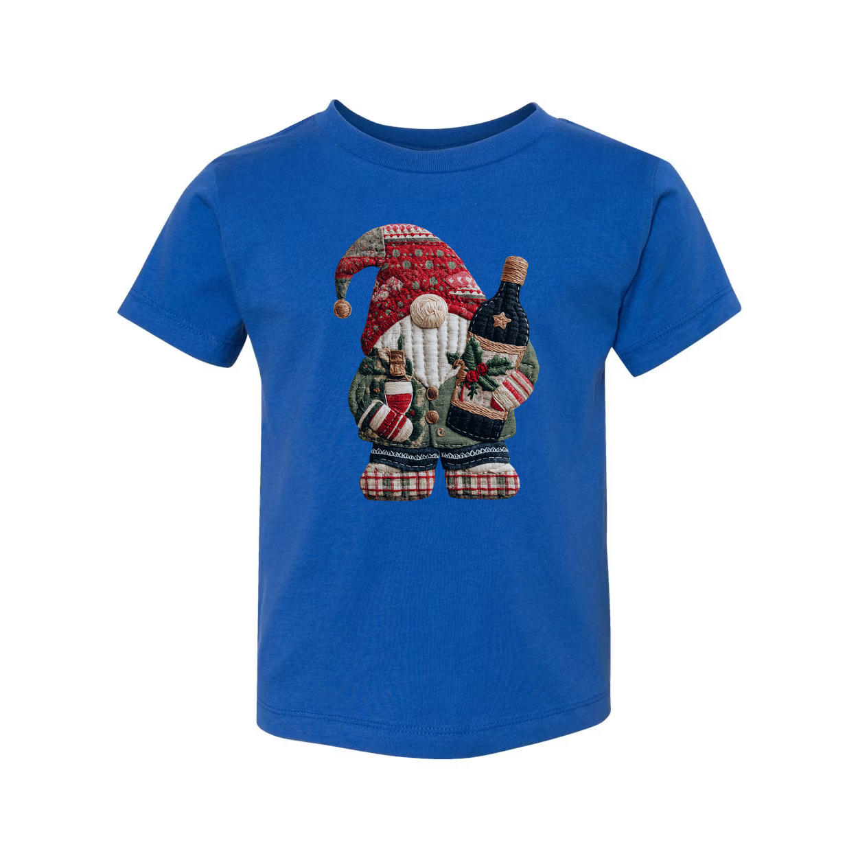 Christmas Santa Claus Knitted Patch T Shirt Featuring Bottle Wrapped Gifts And Festive Details