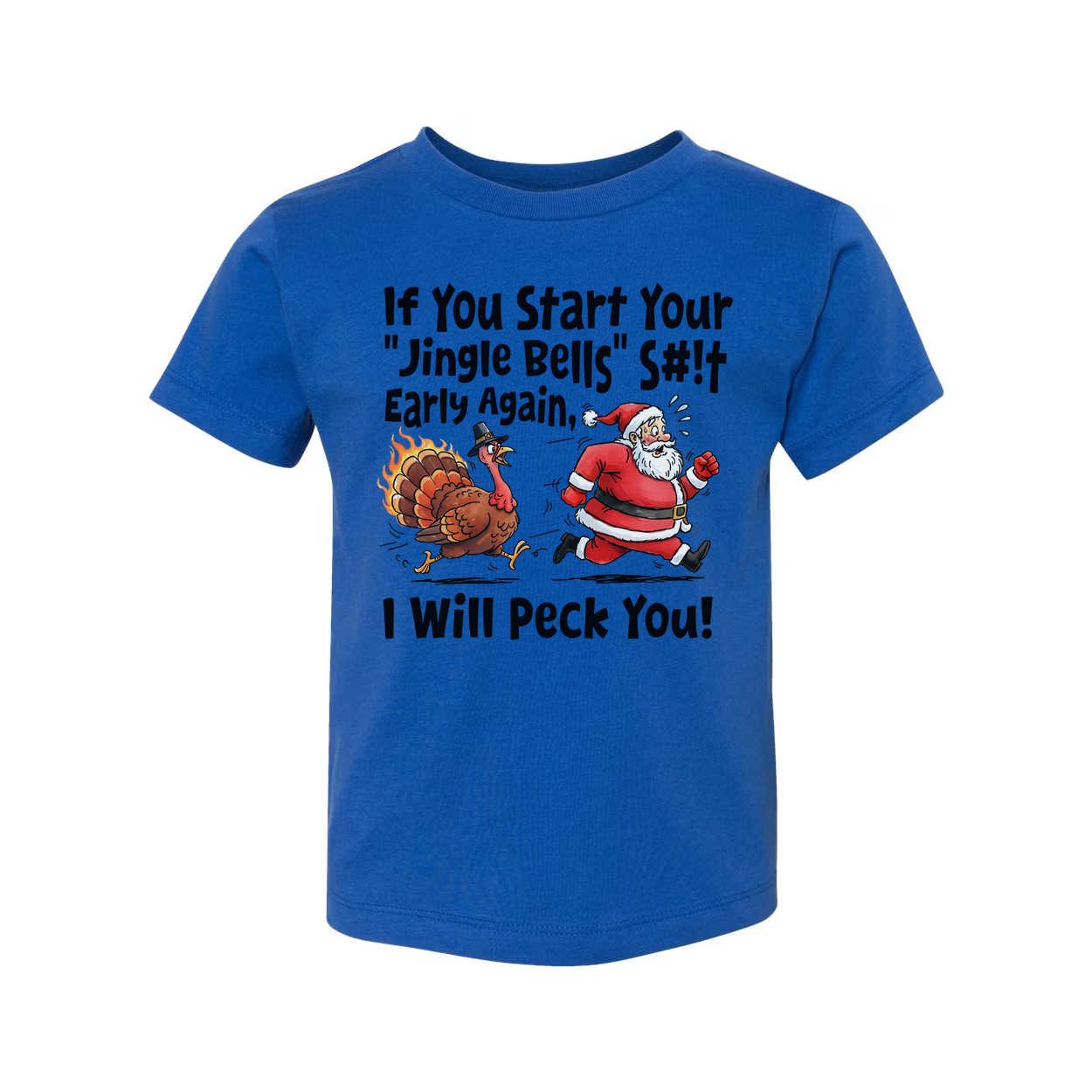 Christmas Unisex T Shirt With Santa And Turkey Cartoon And Humorous Quote About Jingle Bells I Will Peck You