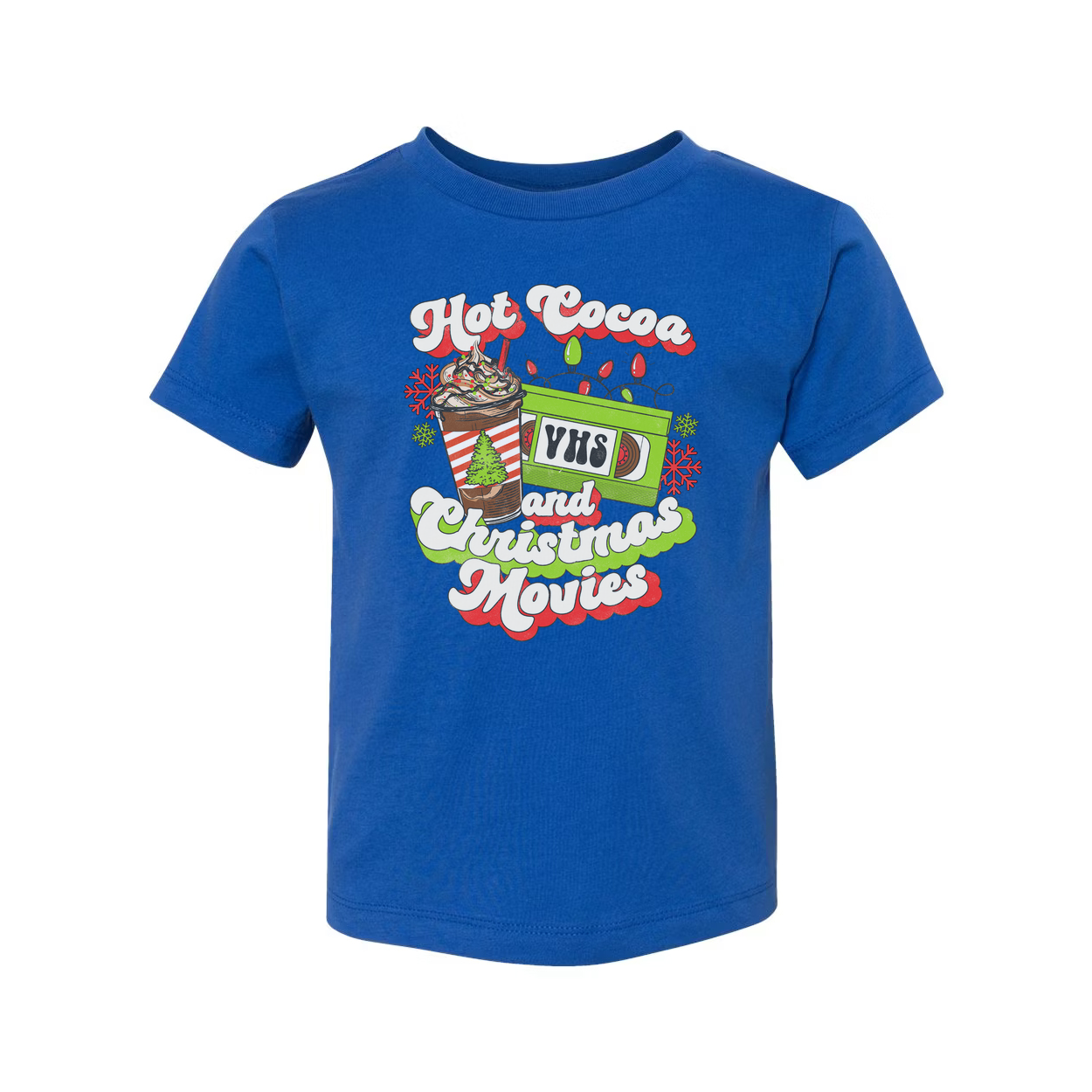 Unisex Christmas T Shirt Featuring Hot Cocoa And Christmas Movies VHS Design Graphic