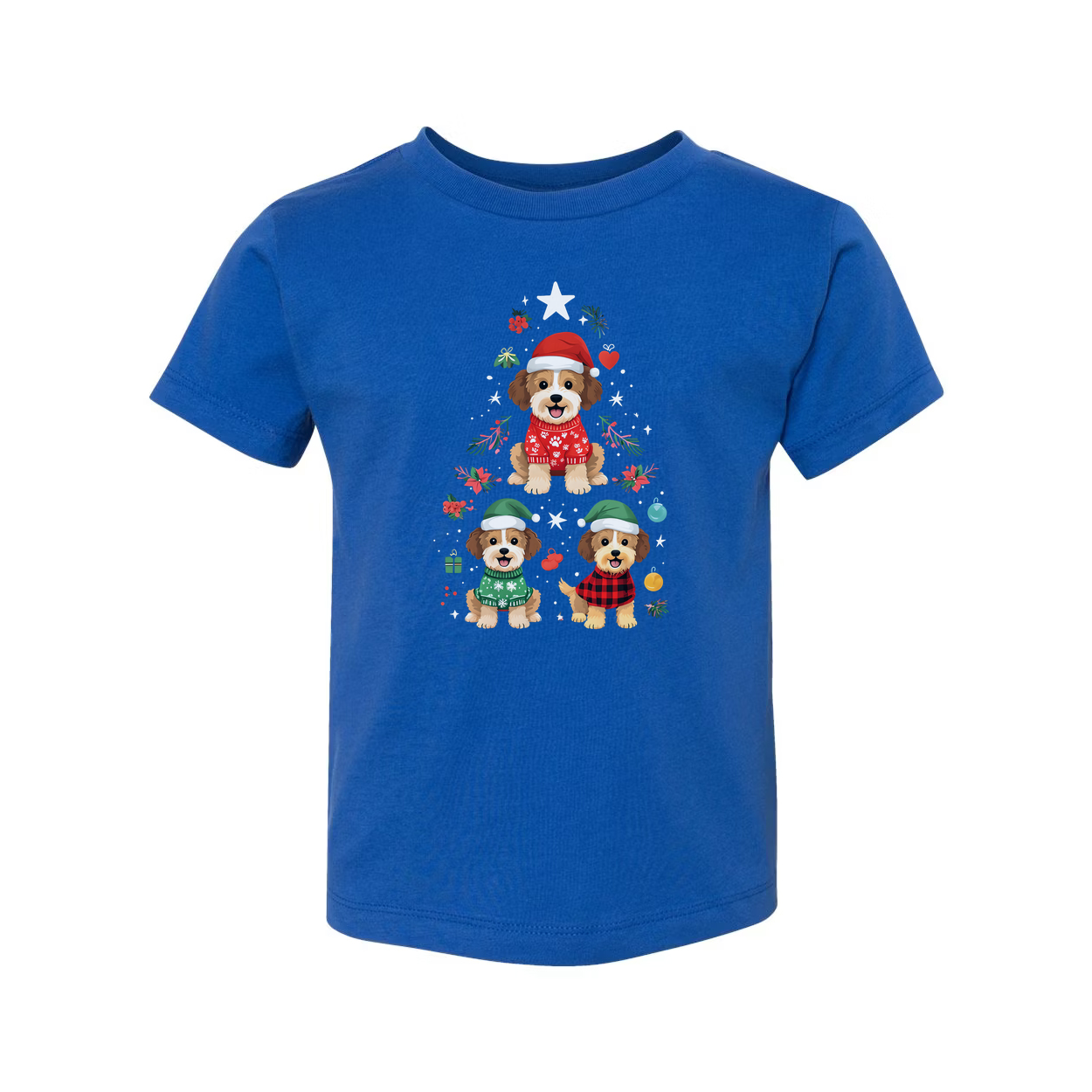 Unisex Christmas T Shirt With Three Cute Dogs In Festive Winter Outfits Surrounded By Holiday Ornaments