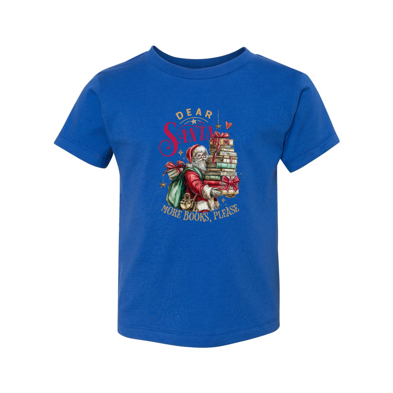 Unisex Christmas T Shirt with Santa Carrying a Stack of Books and Gifts Graphic Design