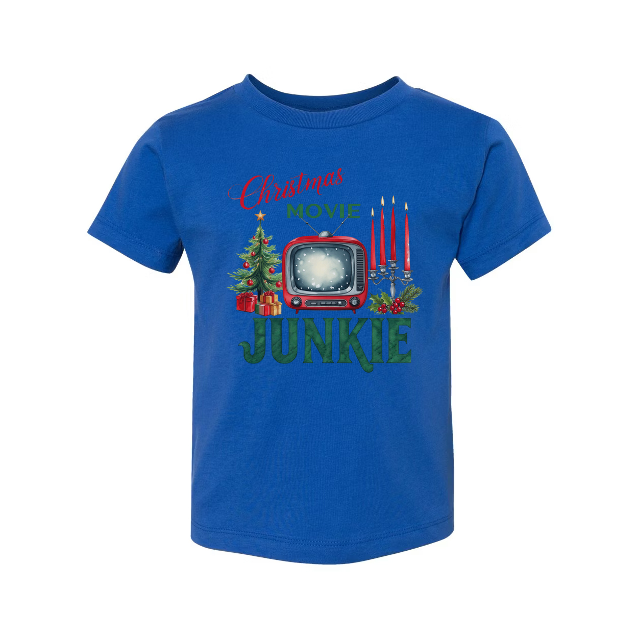 Christmas Movie Junkie Unisex T Shirt With Retro TV Candles And Christmas Tree Print