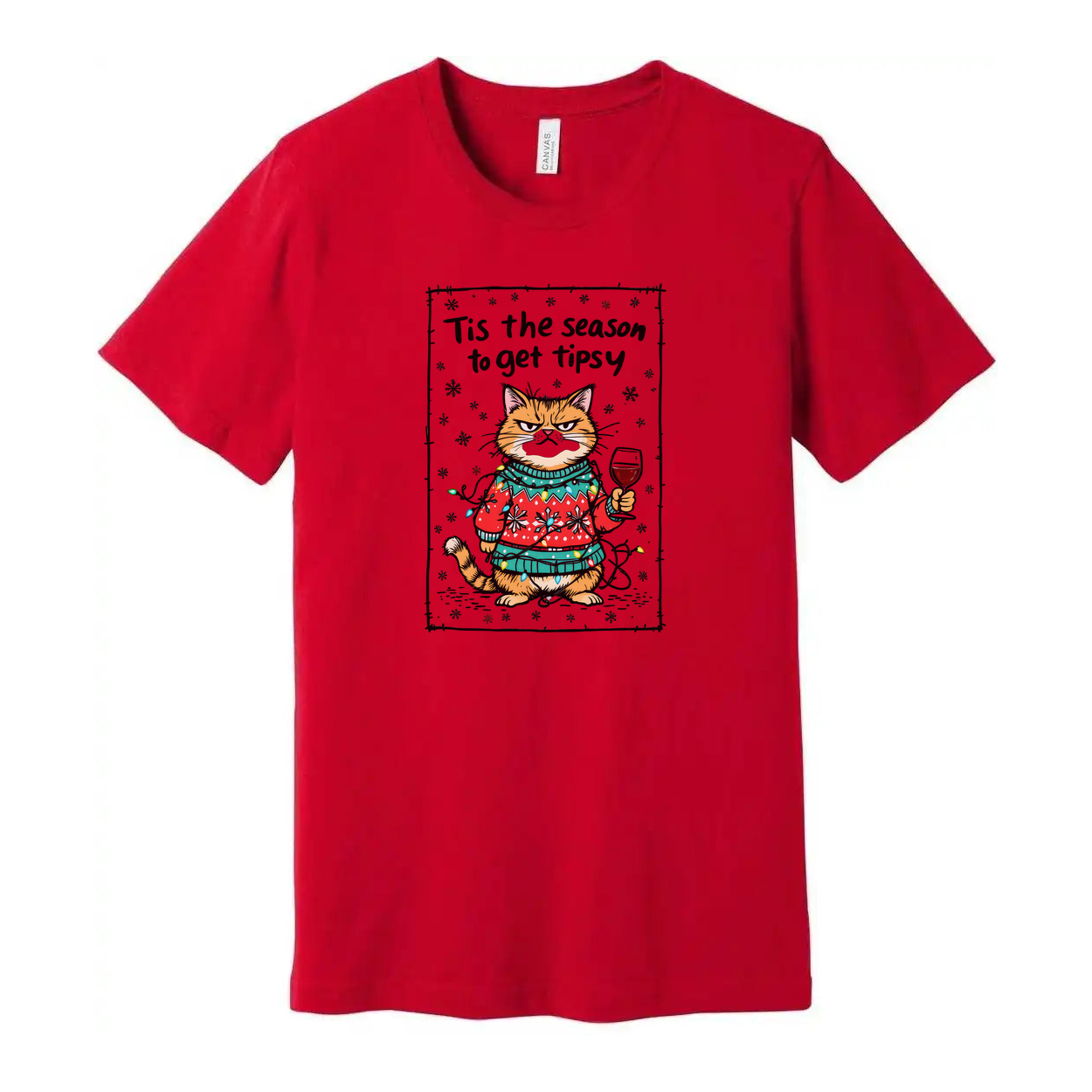 Unisex Christmas Cat Graphic Tee With Cozy Sweater And Wine Glass Tis The Season