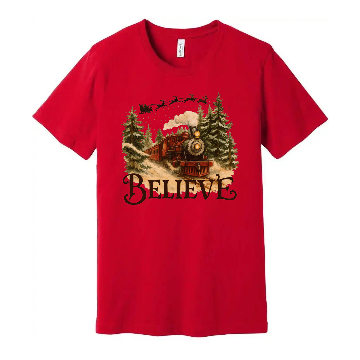 Believe Christmas Train Graphic T Shirt With Vintage Steam Engine In Forest Scene