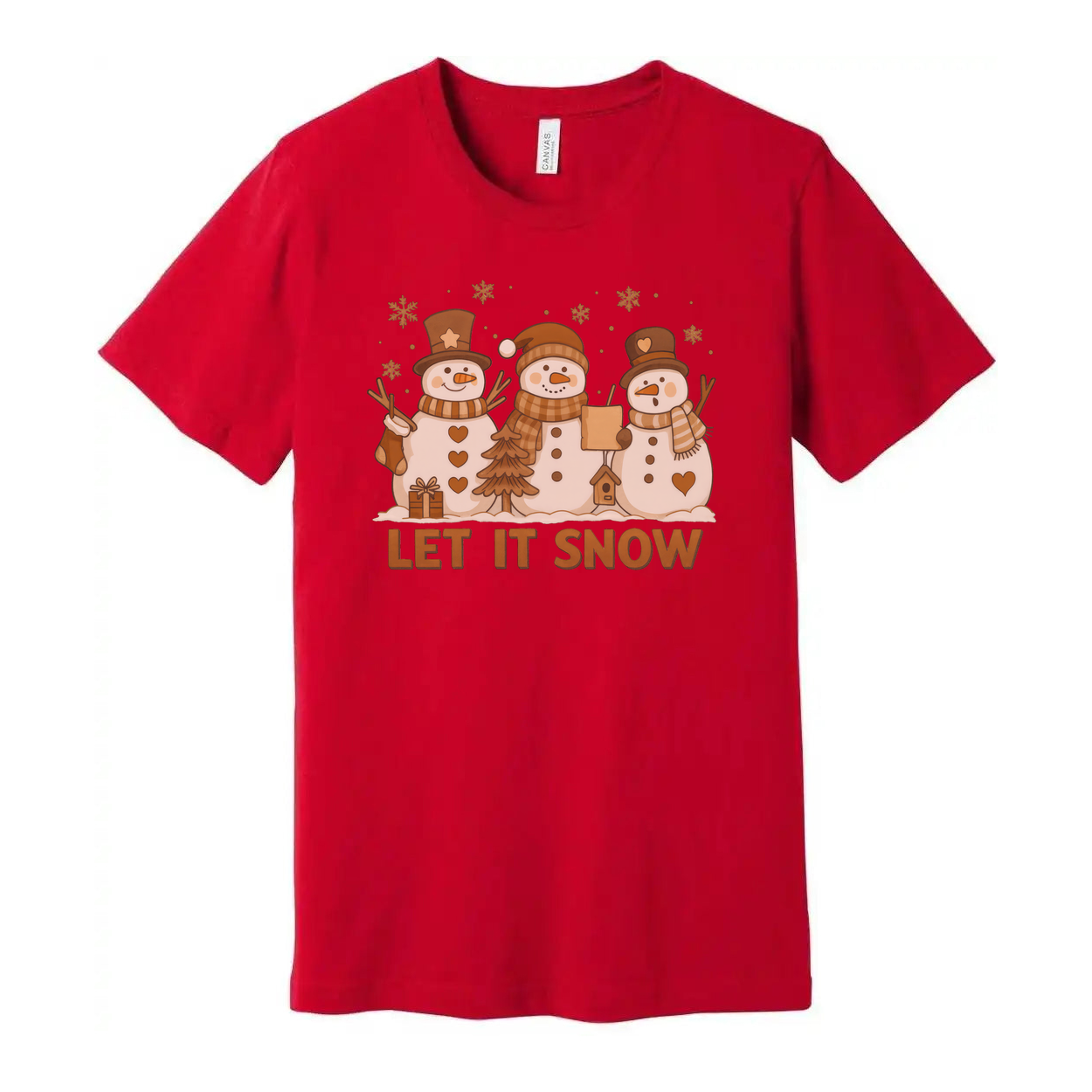 Let It Snow Christmas Graphic Tee Unisex Short Sleeve Snowman Trio Design For Holiday Season