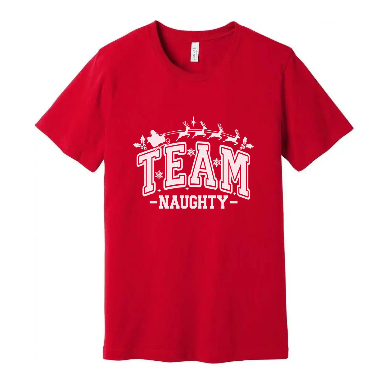 Team Naughty Christmas Graphic T Shirt Unisex Holiday Tee With Santa Sleigh Design