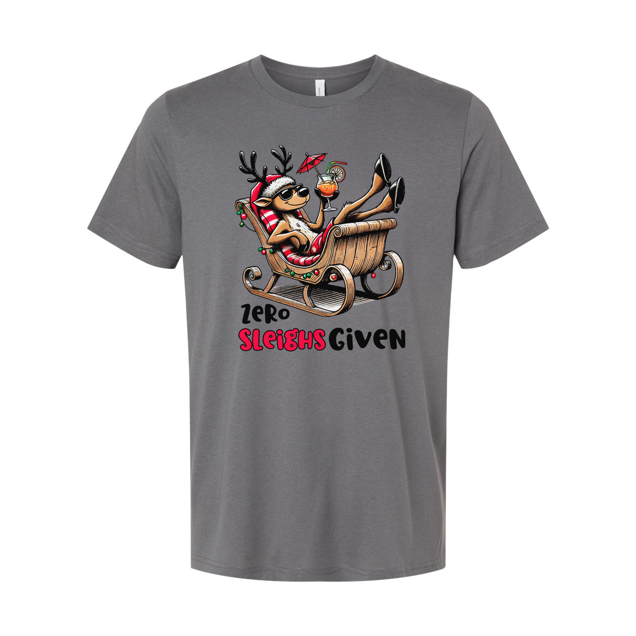 Unisex Christmas T Shirt Featuring Zero Sleighs Given Cartoon Reindeer Relaxing in a Sleigh