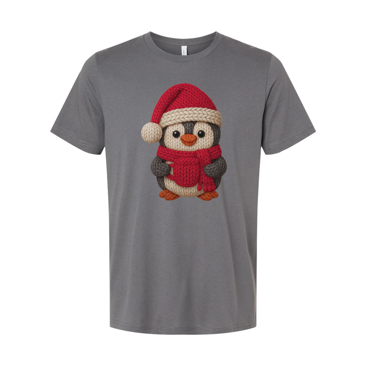 Unisex Christmas Penguin Knit Design T Shirt With Santa Hat And Red Cozy Scarf Print