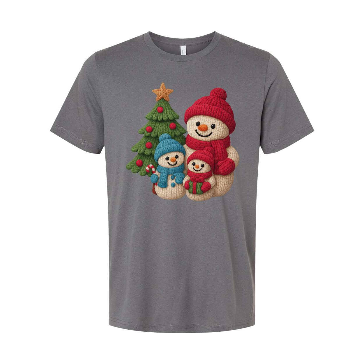 Christmas Snowmen Family Knit Style Graphic T Shirt With Tree And Gift Design For Adults And Kids