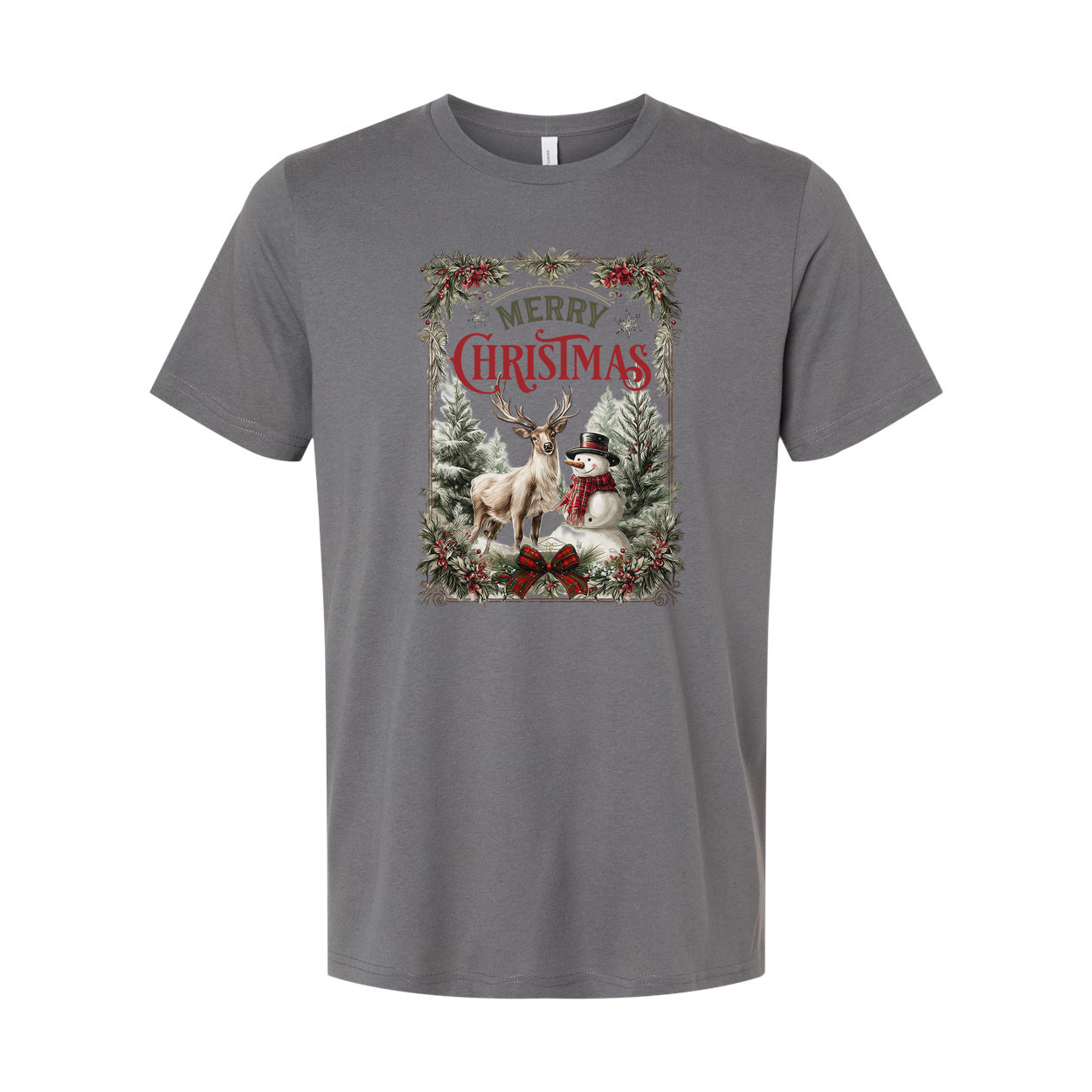 Merry Christmas Graphic Unisex T Shirt With Deer Snowman In Winter Forest Scene Artwork