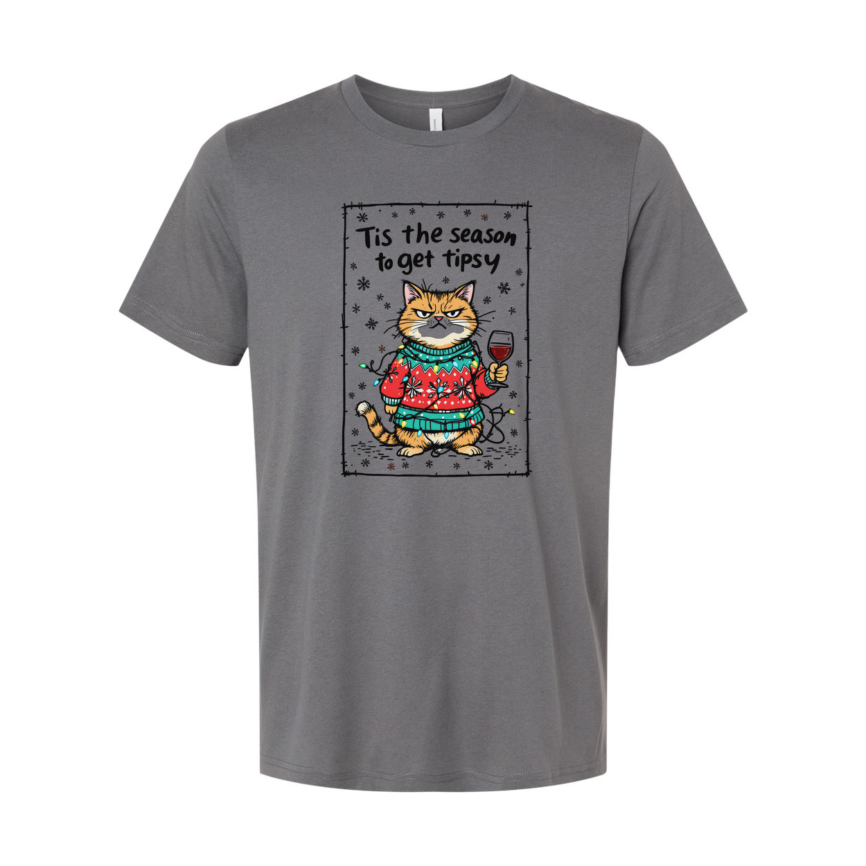 Unisex Christmas Cat Graphic Tee With Cozy Sweater And Wine Glass Tis The Season
