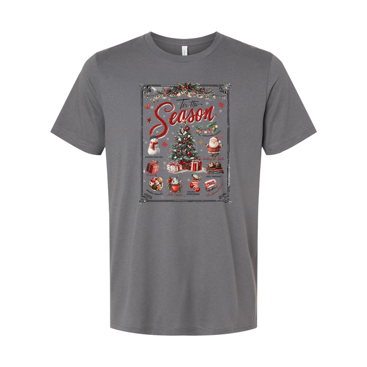 Christmas Themed Unisex T Shirt With Tis The Season Graphic Featuring Christmas Tree Santa And Gifts