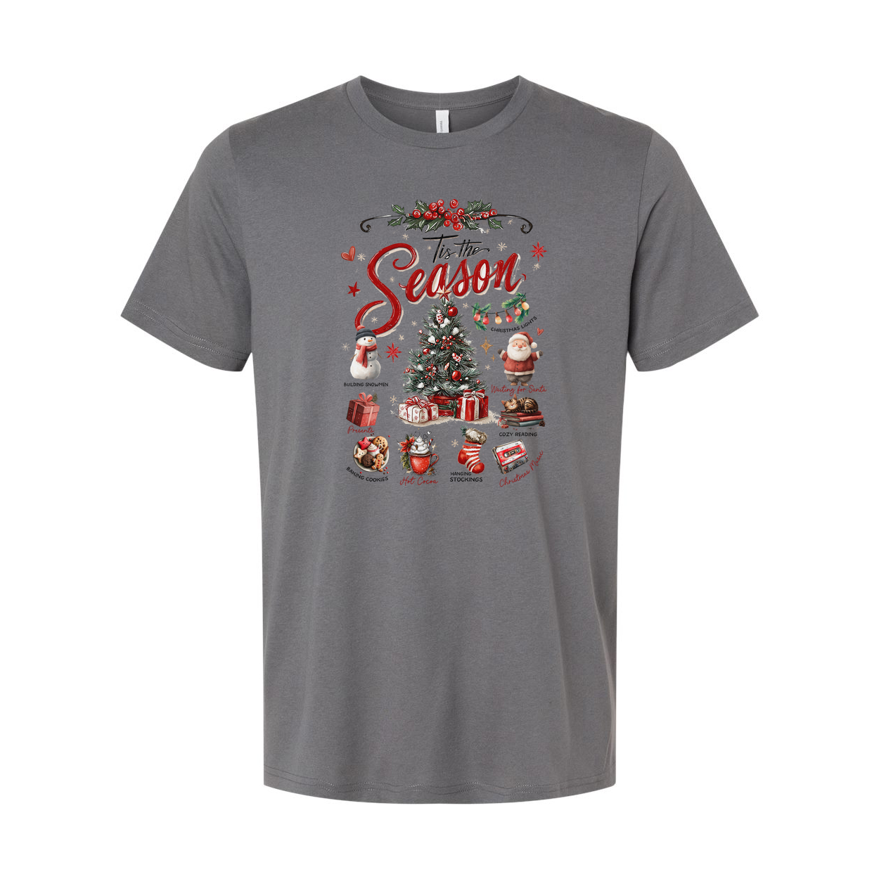 Christmas Unisex T Shirt Tis The Season Graphic Featuring Christmas Tree Santa Stockings Gifts Cookies Cocoa