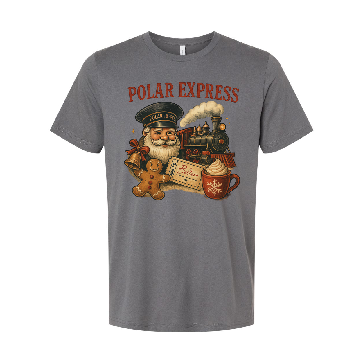 Polar Express Christmas Unisex T Shirt With Steam Train Santa Gingerbread And Coffee Mug Illustration