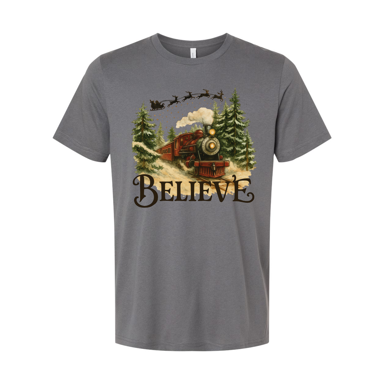 Believe Christmas Train Graphic T Shirt With Vintage Steam Engine In Forest Scene