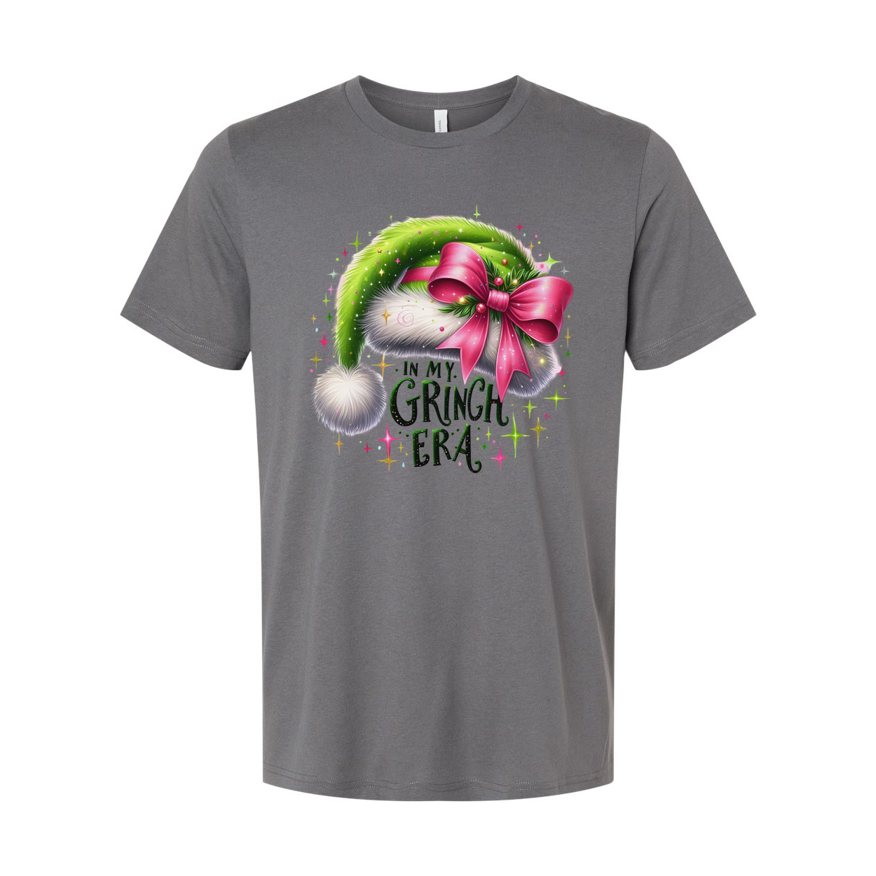 Christmas In My Grinch Era Unisex T Shirt With Green Santa Hat And Pink Bow Graphic Design