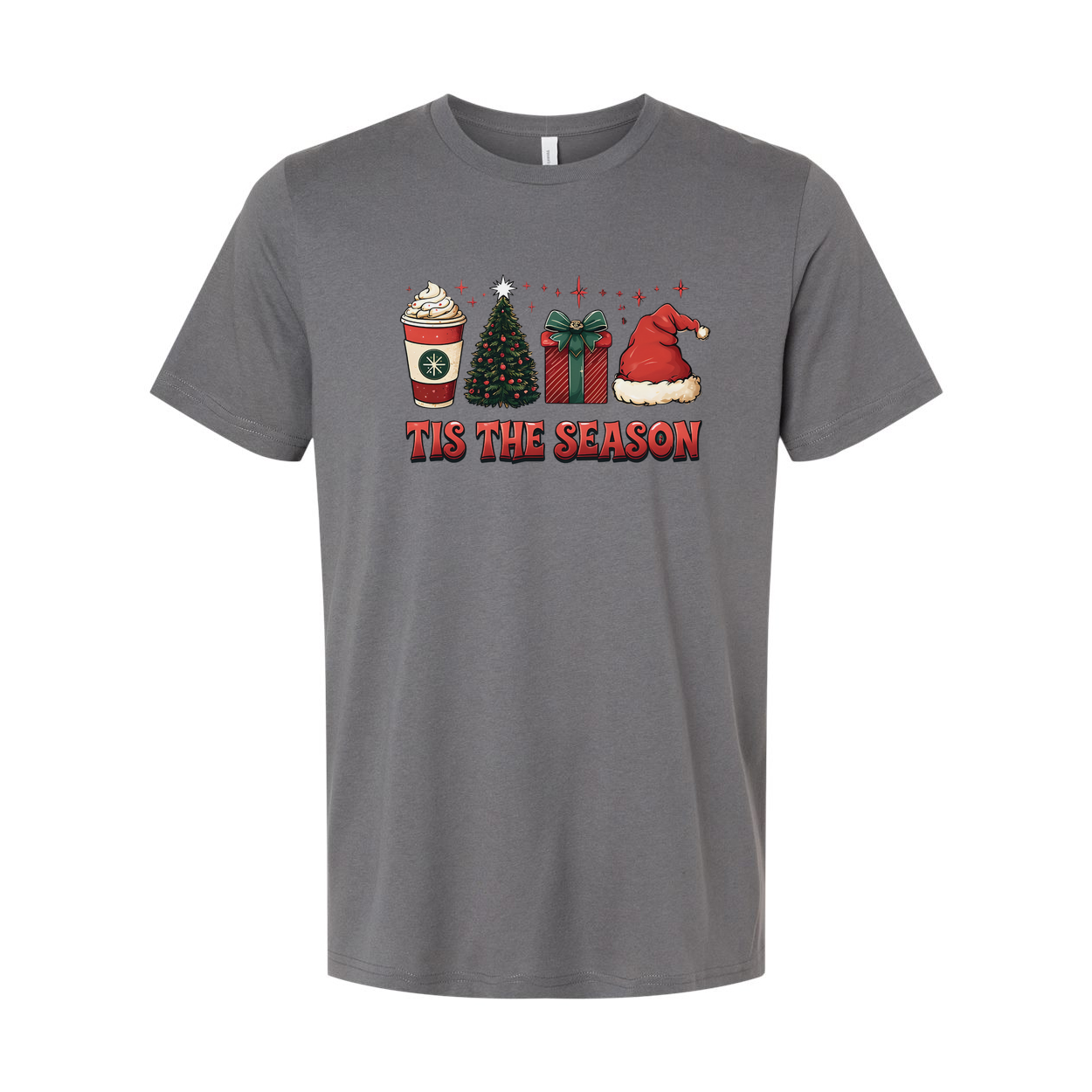 Unisex Christmas T Shirt With Festive Graphics Tis The Season Santa Hat Gift Box Coffee Cup Christmas Tree