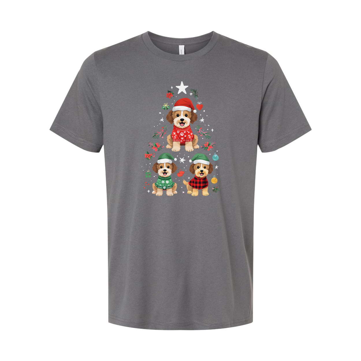 Unisex Christmas T Shirt With Three Cute Dogs In Festive Winter Outfits Surrounded By Holiday Ornaments