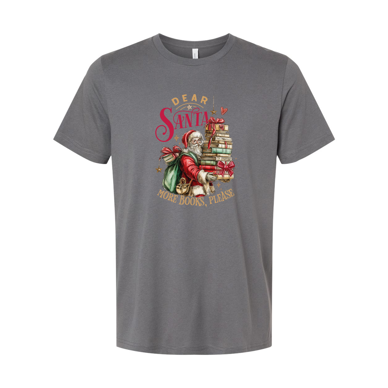 Unisex Christmas T Shirt with Santa Carrying a Stack of Books and Gifts Graphic Design