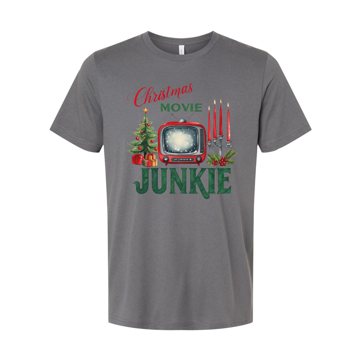 Christmas Movie Junkie Unisex T Shirt With Retro TV Candles And Christmas Tree Print