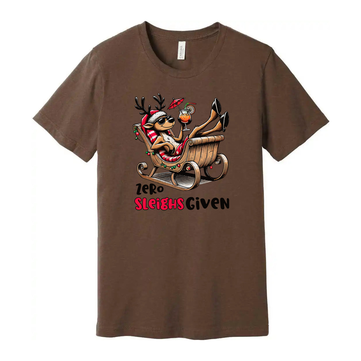 Unisex Christmas T Shirt Featuring Zero Sleighs Given Cartoon Reindeer Relaxing in a Sleigh