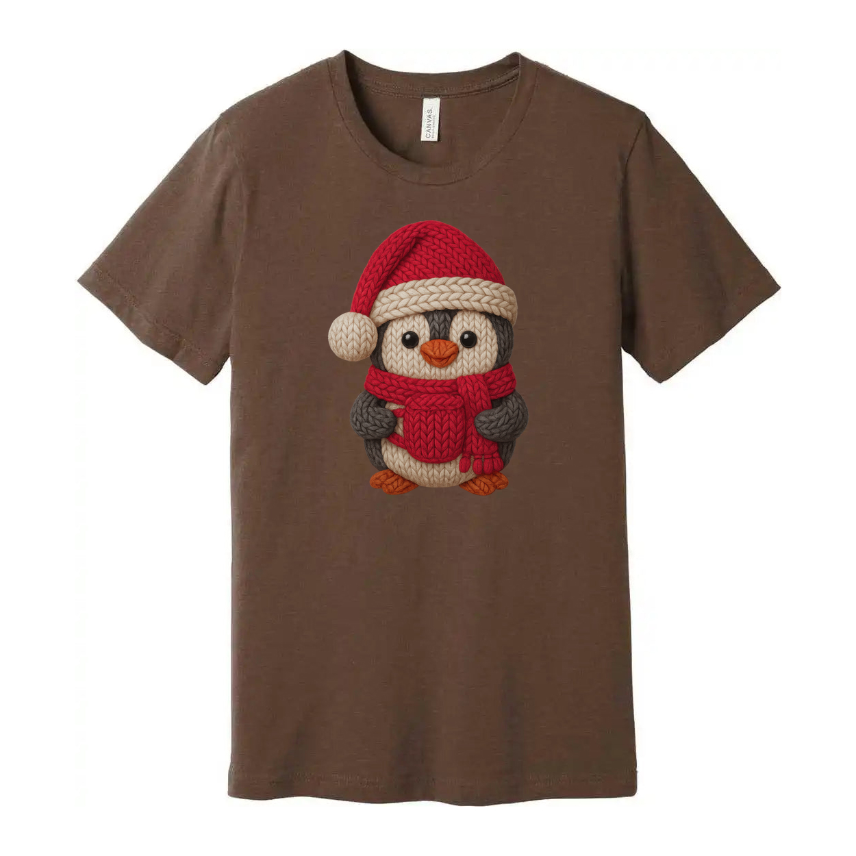 Unisex Christmas Penguin Knit Design T Shirt With Santa Hat And Red Cozy Scarf Print