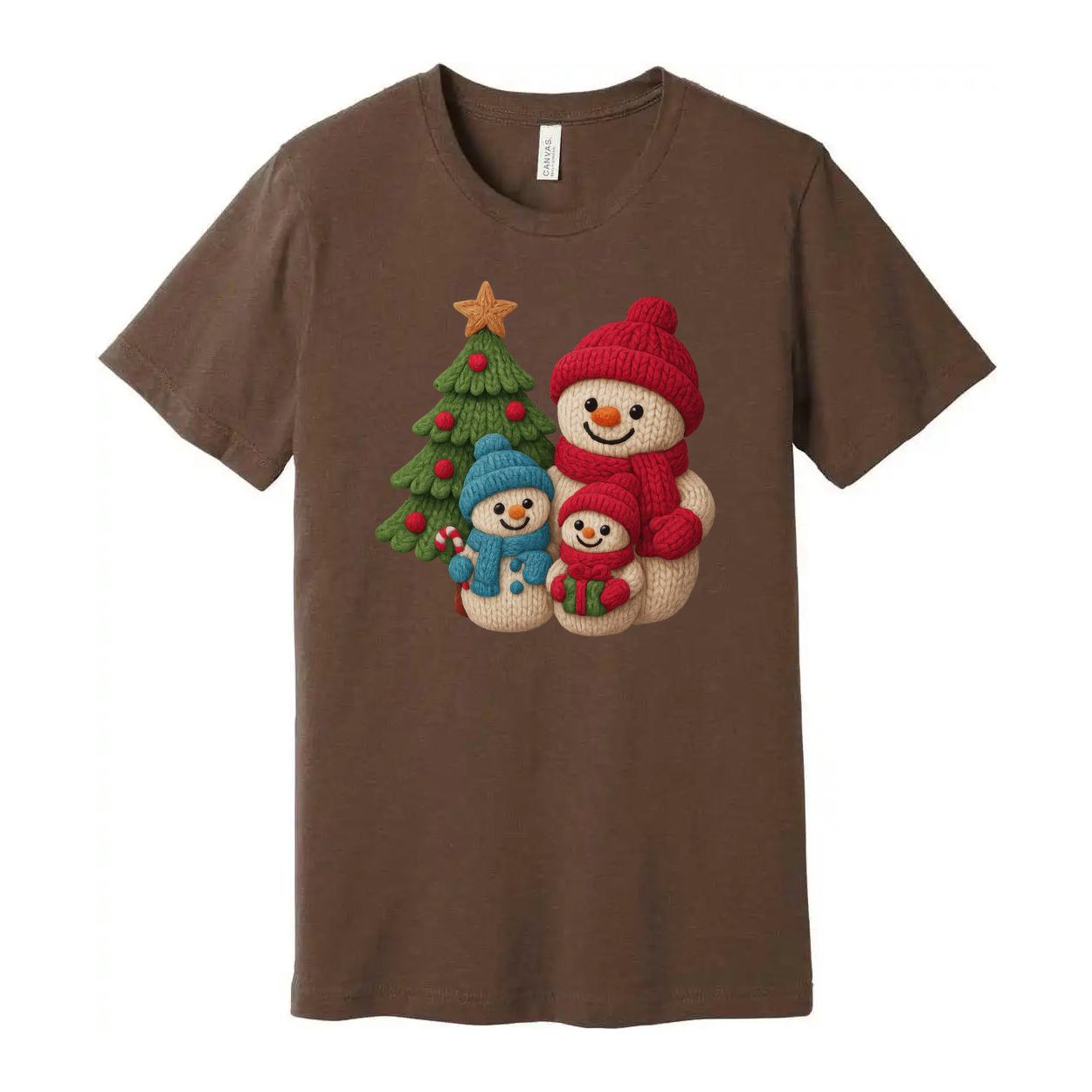 Christmas Snowmen Family Knit Style Graphic T Shirt With Tree And Gift Design For Adults And Kids