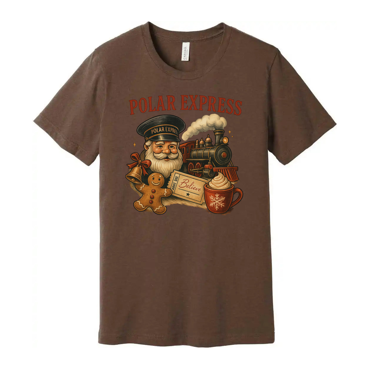 Polar Express Christmas Unisex T Shirt With Steam Train Santa Gingerbread And Coffee Mug Illustration