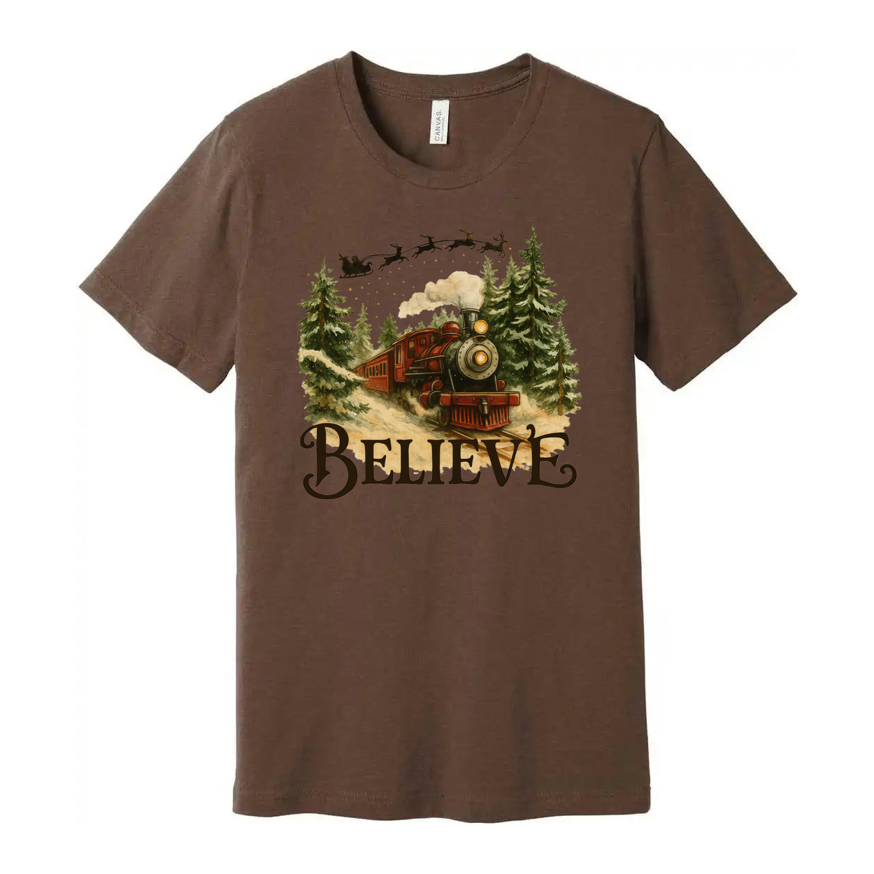 Believe Christmas Train Graphic T Shirt With Vintage Steam Engine In Forest Scene