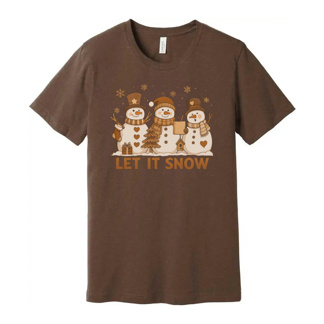 Let It Snow Christmas Graphic Tee Unisex Short Sleeve Snowman Trio Design For Holiday Season