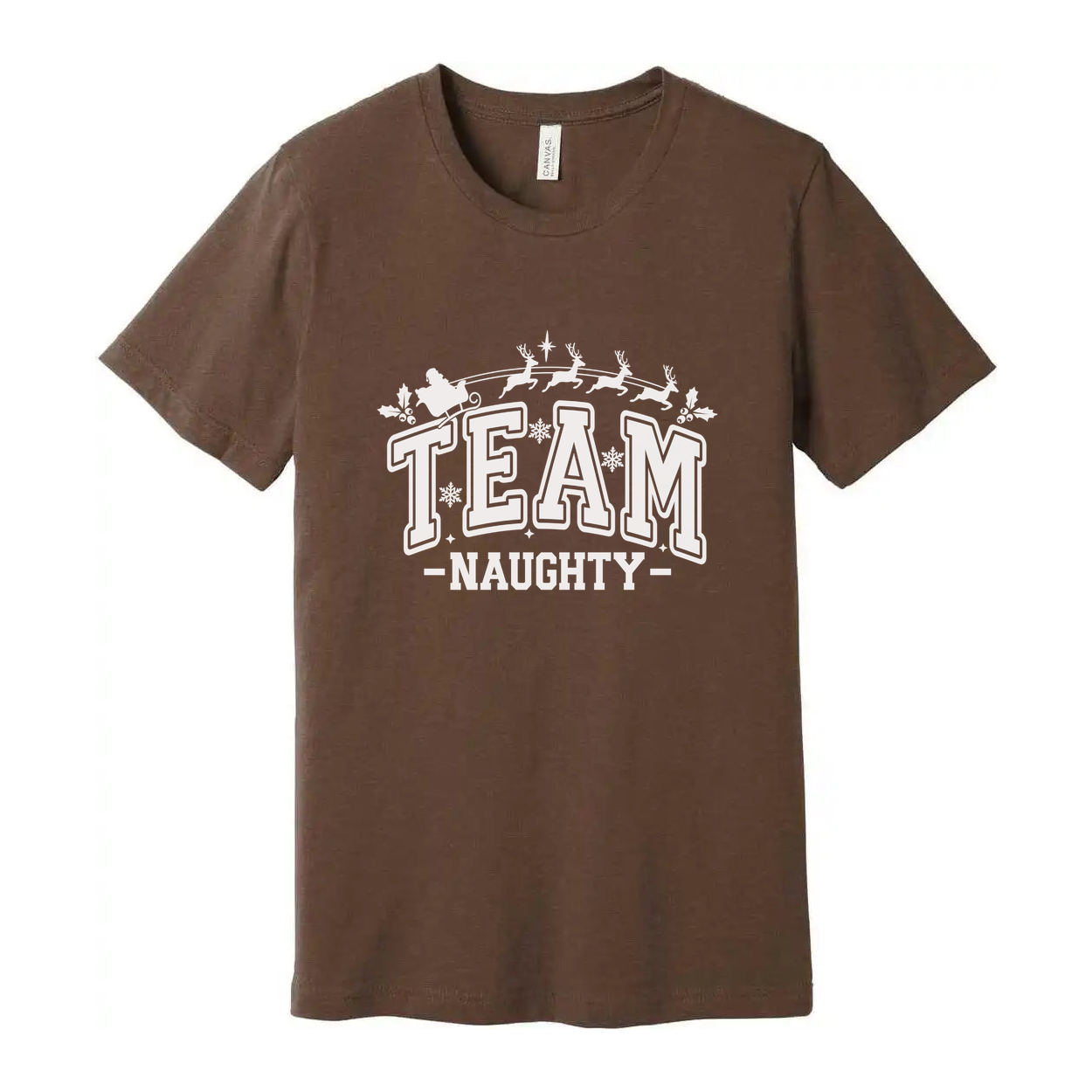Team Naughty Christmas Graphic T Shirt Unisex Holiday Tee With Santa Sleigh Design